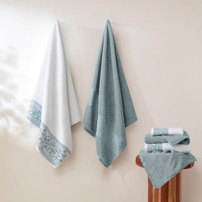 Modern Threads Allie 6-Piece 100% Cotton Towel Set – Jacquard Floral Border – Includes 2 Bath Towels, 2 Hand Towels, 2 Washcloths – Absorbent, Quick Dry, Soft & Durable – Seafoam