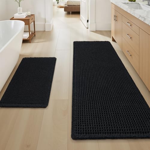 Upgraded Waffle Bath Mat Set of 2 Absorbent Bathroom Mat 18"x30" + 24"x48"