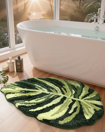 DEXI Cute Bath Mat, Green Leaf Monstera Bathroom Rugs 47x31.5
