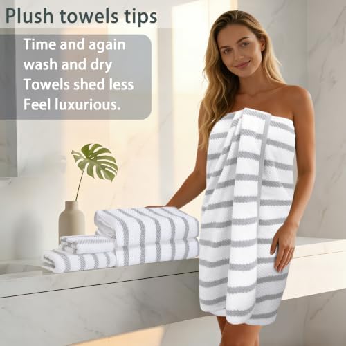 VOOVA & MOVAS Bath Towels 4PC, 100% Cotton, 30x56 in, Gray White Stripe