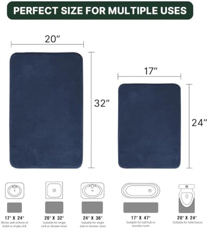 H.VERSAILTEX Bath Mat Memory Foam Set Bathroom Rug Set Flannel Velvety Bath Mat Luxury Extra Soft and Absorbent Non Slip Rugs for Bathroom/Bedroom Washable(2 Pack- 20"x 32"/ 17"x 24", Navy)