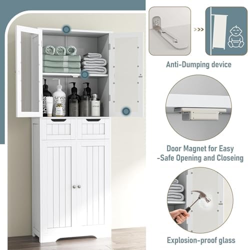 Betterhood 67" Tall Bathroom Storage Cabinet, Freestanding Bathroom Cabinet with Glass Doors and Shelves, Large Bathroom Cabinet with 2 Drawers for Living Room, Dining Room, Office, White