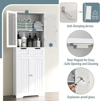 Betterhood 67" Tall Bathroom Storage Cabinet, Freestanding Bathroom Cabinet with Glass Doors and Shelves, Large Bathroom Cabinet with 2 Drawers for Living Room, Dining Room, Office, White