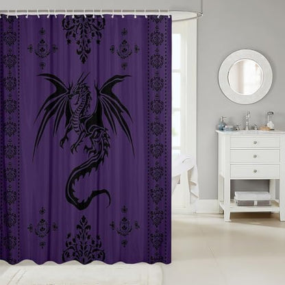 Feelyou Dragon Shower Curtain Kids Boys Teens Gothic Damask Paisley Floral Bathroom Waterproof Accessories with 12 Hooks 72x72 Inches Women Bohemian Exotic Animal Theme Room Decor,Purple Black