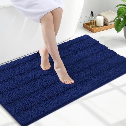 Grandaily Chenille Striped Bathroom Rugs 47x24, Extra Thick and Soft Absorbent Bath Mats, Rubber Backing, Plush Shaggy Shower Carpet, Machine Wash Dry, Bath Rug for Bathroom, Navy Blue