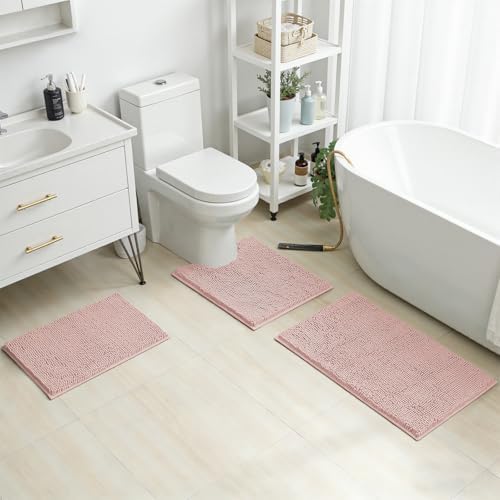 HOMEIDEAS Dusty Pink Chenille Bathroom Rugs Set of 3, Non Slip Bath Mat