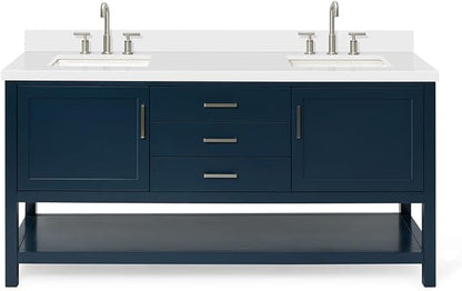 ARIEL Bayhill 72-inch Bathroom Vanity with Sink,Solid Wood, 1.5-inch Pure White Quartz Countertop, Double Rectangular Porcelain Sink, 2 Soft Closing Doors, 3 Dovetail Drawers, Midnight Blue