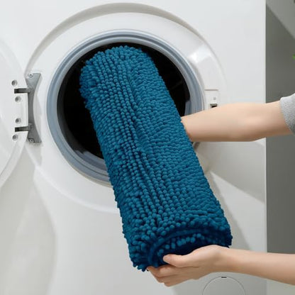 HOMEIDEAS Atlantic Blue Chenille Bath Rugs Set of 3, Non Slip Bath Mat