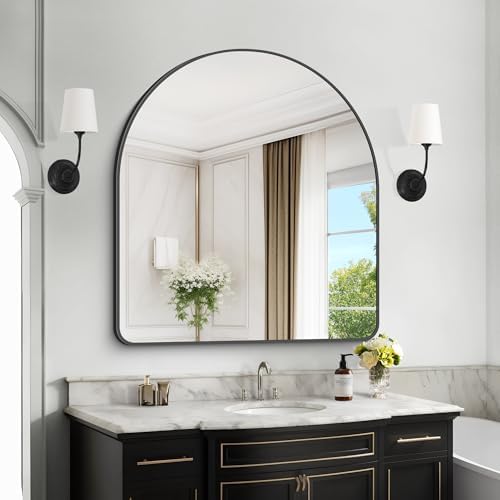 Arched Bathroom Mirror, 36"x40" Black Arched Mirror for Bathroom, Wall Mounted Mirror, Black Vanity Wall Mirror w/Metal Frame for Bedroom, Entryway, Living Room, Vertically Hanging