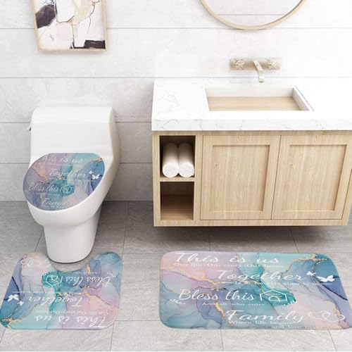 4Pcs Family Marble Shower Curtain Sets with Rugs