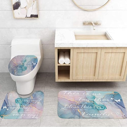 4Pcs Family Marble Shower Curtain Sets with Rugs