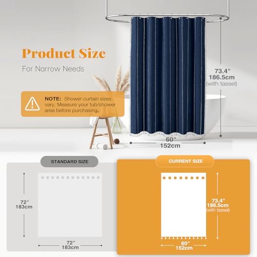 BTTN 60x72 Boho Farmhouse Linen Heavy Duty Shower Curtain Set, Navy Blue