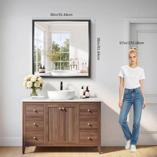 Bathroom Mirror, 36 x 36 inch Brushed Black Square Mirrors for Wall