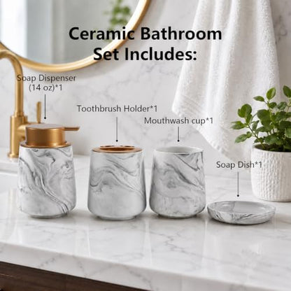 Ceramic Bathroom Accessory Set, 4 Piece Marble Bathroom Countertop Organizer Includes Soap Dispenser, Toothbrush Holder, Tumbler & Soap Dish, Elegant Modern Bath Decor