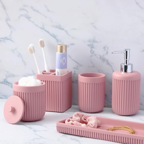 XLHOMO Resin Pink Bathroom Accessories Set 5 Pcs, Lotion Soap Dispenser, Toothbrush Holder, Bathroom Tumbler, Qtip Holder and Vanity Tray, Bathroom Countertop Organizer Set for Modern Home Apartment