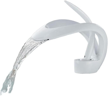 Faucet Modern Brass Bathroom Basin Faucet with Waterfall Spout Deck Mount Hot Cold Water Mixer Tap Durable Construction(White) Faucet
