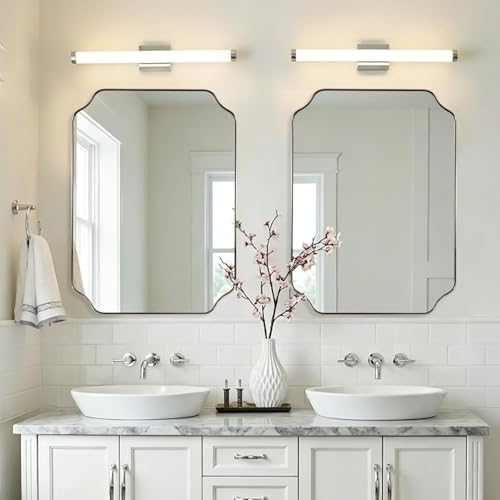 MIRRORART 20x28’’ Scalloped Bathroom Mirror, Brushed Nickel Framed Decorative Wall Mirror, Elegant Rectangle Vanity Mirror for Bathroom, Bedroom & Entryway, Modern Farmhouse Home Remodel