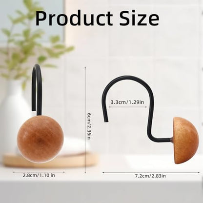 Shower Curtain Hooks, Wood Decorative Shower Curtain Rings, Modern Round Log Shower Curtain Hangers, 12PCS Shower Hooks for Shower Curtain Rod, Bedroom, Living Room (Hemispherical-Black)