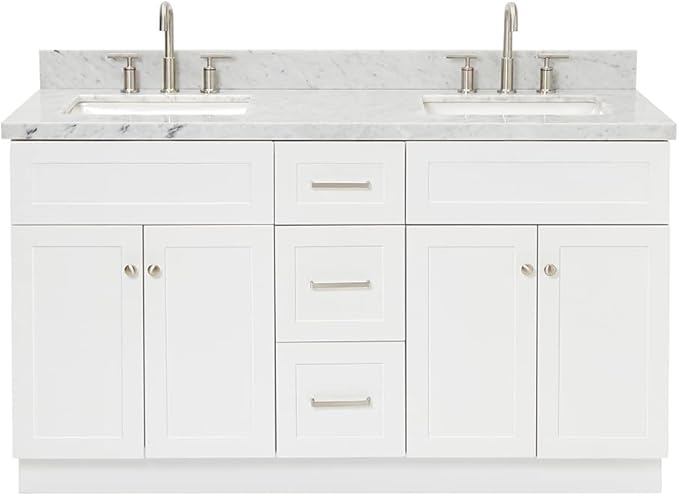 ARIEL Hamlet 60-inch Bathroom Vanity with Sink,Solid Wood, 1.5-inch Italian Carrara Marble Countertop, Double Rectangular Porcelain Sink, 4 Soft Closing Doors, 3 Dovetail Drawers, White