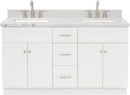 ARIEL Hamlet 60-inch Bathroom Vanity with Sink,Solid Wood, 1.5-inch Italian Carrara Marble Countertop, Double Rectangular Porcelain Sink, 4 Soft Closing Doors, 3 Dovetail Drawers, White