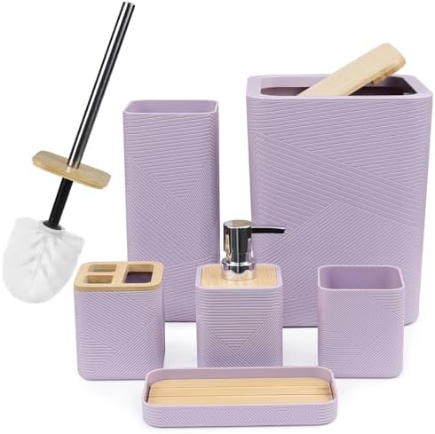 CERBIOR Bamboo Bathroom Accessories Set 6 PCS Square Spiral Bath Set,Purple