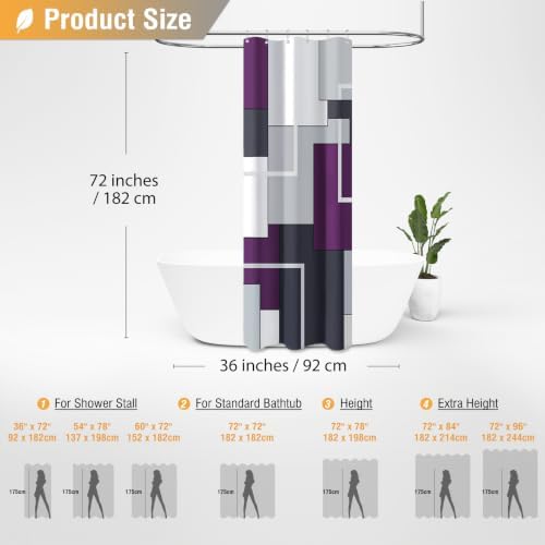 BTTN 36x72 Half Modern Geometric Waterproof Fabric Shower Curtain, Purple