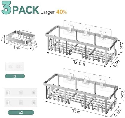 Veken Shower Caddy 3-Pack, Advanced Rustproof Design, No Drilling Adhesive Shelves, Rack with Soap Holder, Large Capacity Bathroom Organizers and Storage, Wall-Mounted Kitchen & Home Decor