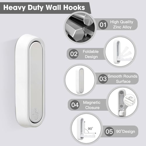 Dntorx Folding Wall Hooks, 2 Pack, White, Zinc Alloy, Heavy Duty Coat Hooks