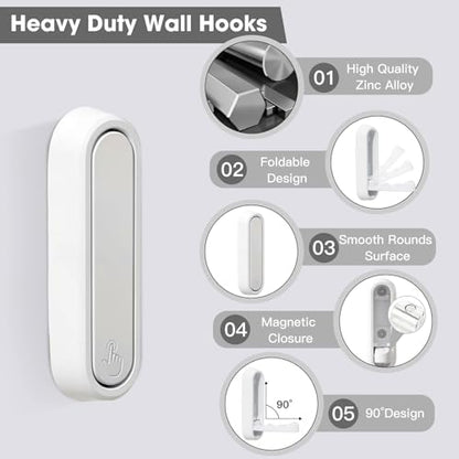Dntorx Folding Wall Hooks, 2 Pack, White, Zinc Alloy, Heavy Duty Coat Hooks