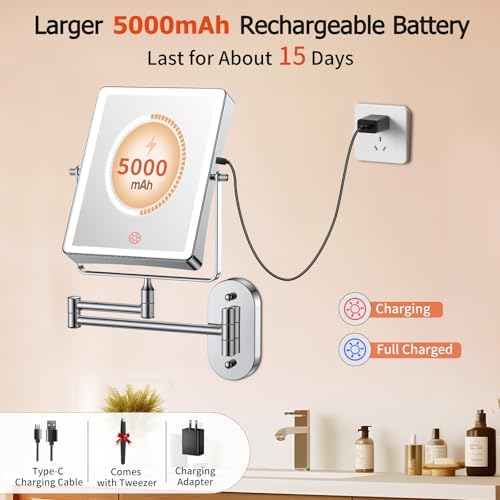 FUNTOUCH 5000mAh Rechargeable Wall Mounted Makeup Mirror with Lights