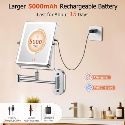 FUNTOUCH 5000mAh Rechargeable Wall Mounted Makeup Mirror with Lights