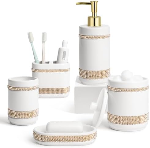 RQYIXI Ceramic Bathroom Accessories Set,White,5 Piece,Rhinestone Design