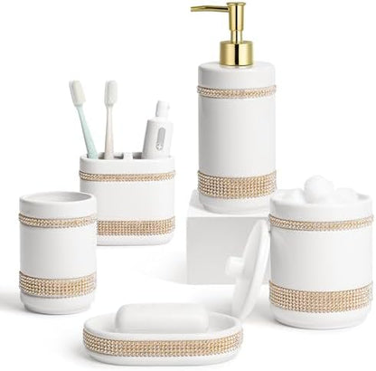RQYIXI Ceramic Bathroom Accessories Set,White,5 Piece,Rhinestone Design