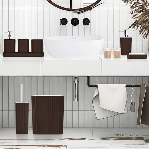XLHOMO Bathroom Accessories Set - Gorgeous Bathroom Set, 10PC Brown Bathroom Accessories, Bathroom Accessory Set, Toilet Brush, Trash Can, Qtip Holder Dispenser & Soap Dispenser