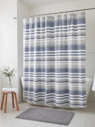 Serafina Home Modern Coastal Blue White Gray Stripe Cotton Shower Curtain