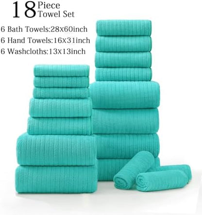 18 Piece Family Bath Towel Set Include 6 Bath Towels,6 Hand Towels and 6 Washcloths Soft Bathroom Towel with Hanging Loops,Highly Absorbent Quick Dry Towels Set for Bathroom,Hotel and Spa- Dark Cyan