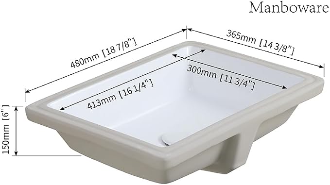 ADA Sanitary Ware Undermount Bathroom Sink - 18 7/8" White Rectangle Flat-bottomed Vessel Sink Porcelain Ceramic Lavatory Vanity Drop In Washroom Basin Sink