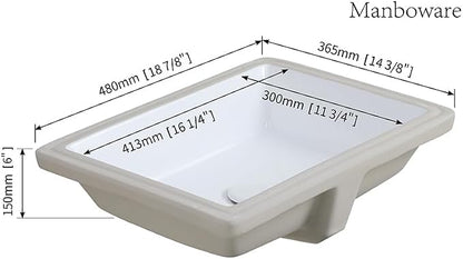 ADA Sanitary Ware Undermount Bathroom Sink - 18 7/8" White Rectangle Flat-bottomed Vessel Sink Porcelain Ceramic Lavatory Vanity Drop In Washroom Basin Sink