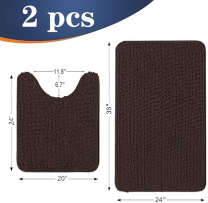 OLANLY Chenille Bathroom Rugs Mats Sets 2 Piece, 36"x24"+24"x20", Brown