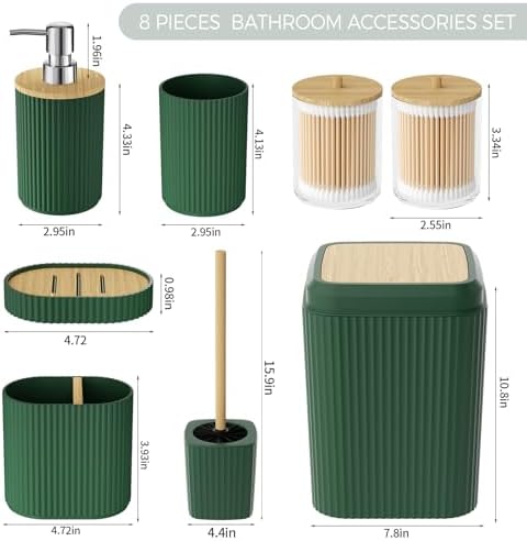 Bathroom Accessories Set - Unbreakable Green Bathroom Set, Trash Can, Toilet Brush with Holder, Soap Dispenser, Toothbrush and Toothpaste Holder, Tumbler Cup, Soap Dish, Qtip Holder, Bamboo Decor