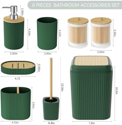 Bathroom Accessories Set - Unbreakable Green Bathroom Set, Trash Can, Toilet Brush with Holder, Soap Dispenser, Toothbrush and Toothpaste Holder, Tumbler Cup, Soap Dish, Qtip Holder, Bamboo Decor