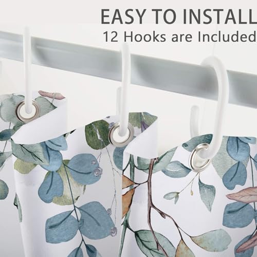 Pumpkin Fall Shower Curtains for Bathroom, Eucalyptus Leaves Watercolor Pumpkins Shower Curtain Sets, Autumn Botanical Seasonal Bathroom Decor Bathtub Waterproof Polyester Fabric with Hooks, 72x72