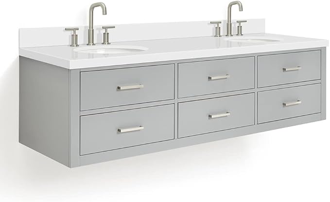 ARIEL Hutton 73 in. Double Oval Sink Floating Wall Vanity with 1.5" Inch White Quartz Countertop in Grey