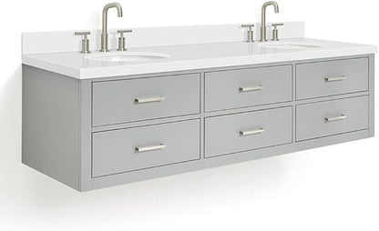 ARIEL Hutton 73 in. Double Oval Sink Floating Wall Vanity with 1.5" Inch White Quartz Countertop in Grey