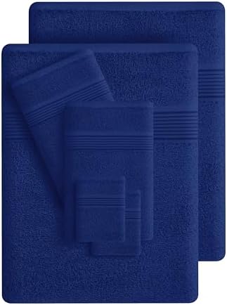 Belizzi Home 100% Cotton Towel Set, Contains 6 Soft Bath Towel, 6 Hand Towels, 12 Wash Cloths - Compact Absorbent Lightweight & Quickdry Towels for Bathroom - 24 Piece Bathroom Towel Set - Navy Blue