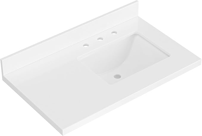 ARIEL 37 inch Bathroom Vanity top with Sink, 1.5 Inch Thick Miter Edge White Quartz top, Right Offset Vanity top with Rectangle Porcelain Sink, Includes Backsplash