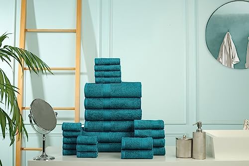 HILLFAIR 100% Cotton 24 Piece Bath Towels Set for Bathroom - Teal