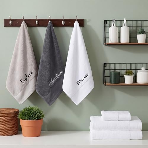 Tiamon 3 Pcs Bathroom Towel Decorative Set 100% Cotton Fluffy Bath Hand Towels for Guest Gifts Farmhouse Kitchen Hand Towels Home(Black, White, Gray,30 x 13 Inch,Discover, Explore, Adventure)