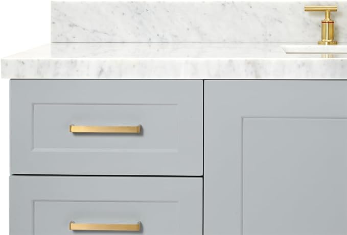 Emilia 60 Inch Bathroom Vanity Single Sink — Grey Bathroom Vanity with Sink, 1.5" Edge Italian Carrara Marble Countertop, Solid Wood, 2 Soft-Close Doors, 9 Dovetail Drawers