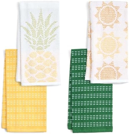 Ritz 4-Piece Kitchen Towel Set, Jacquard Pineapple & Sun Toss Prints with Yellow & Pine Green Textured Terry, Highly Absorbent Cotton Blend, 16" x 26", Tropical Summer Kitchen Decor
